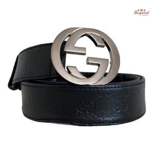 Authentic Gucci Black Guccissima Leather Silver Interlocking G Buckle 100/40